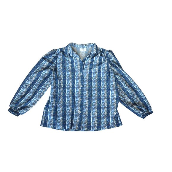 Vintage 80s The Pioneer Woman Blue Striped Floral Button Down Blouse Size L 40 - Picture 7 of 8
